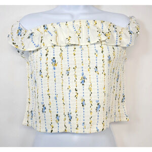Fairycore Juniors Large White Floral Smocked Off Shoulder Crop Top Whimsical New